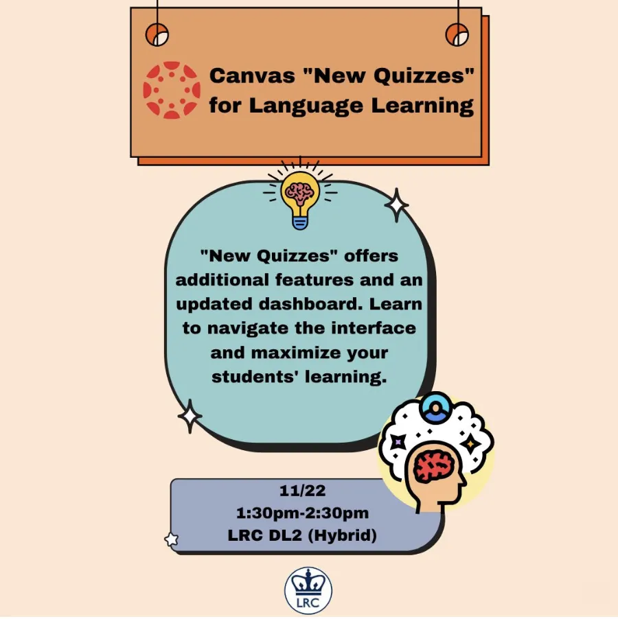 A flyer announcing the workshop "Canvas "New Quizzes" for Language Learning"