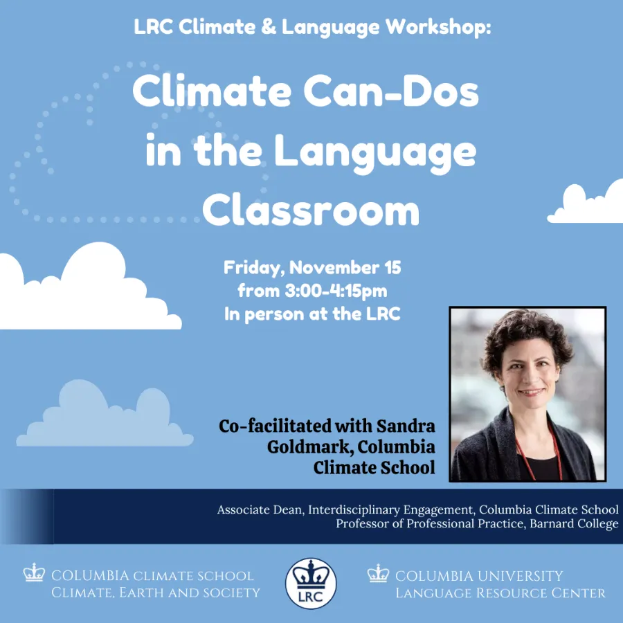 A flyer announcing the workshop "Climate Can-Dos in the Language Classroom"