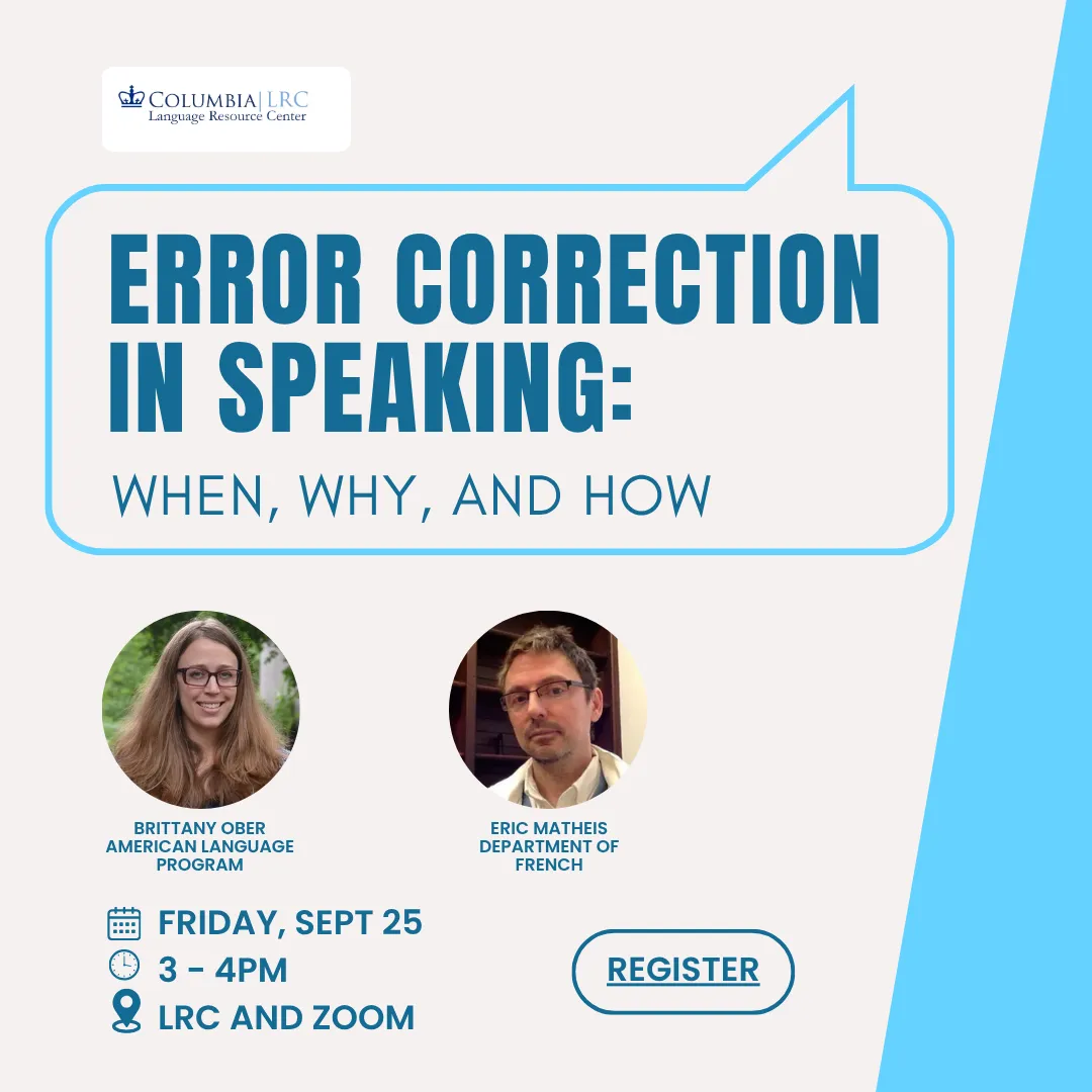 A flyer announcing the workshop "Error Correction in Speaking: When, Why, and How."