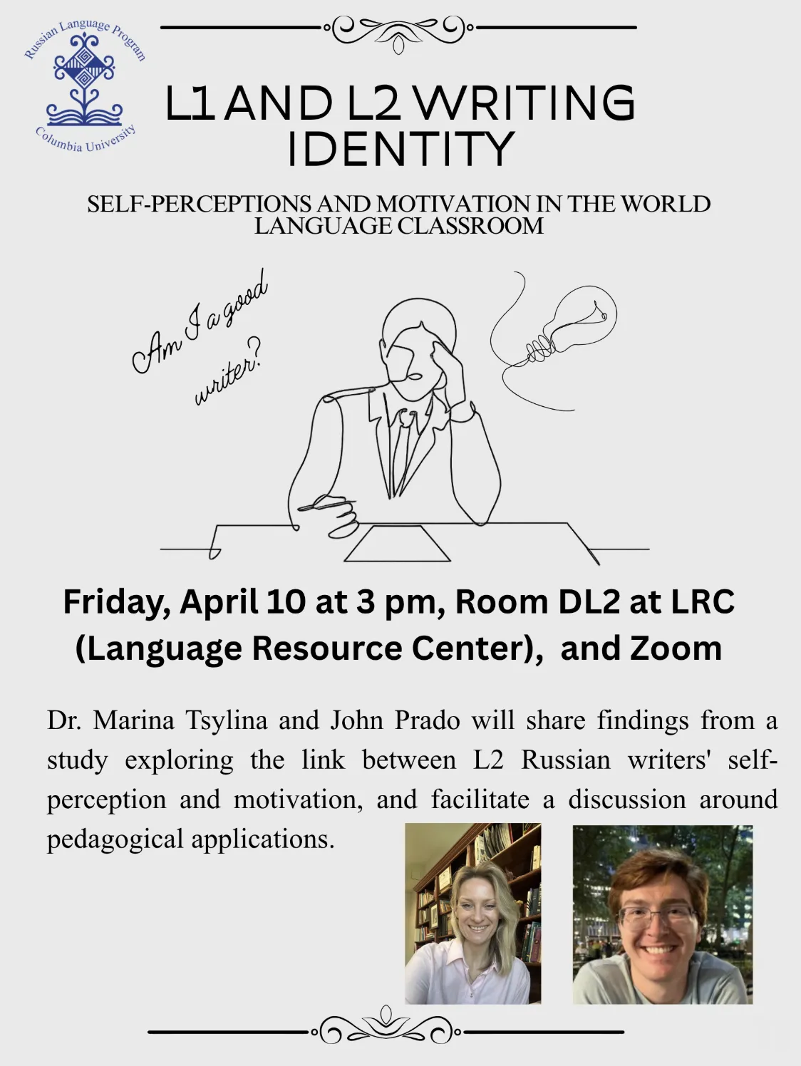 A flyer announcing the workshop "L1 and L2 Writing Identity: Perceptions, Motivation, and Self-Assessment in the World Language Classroom"
