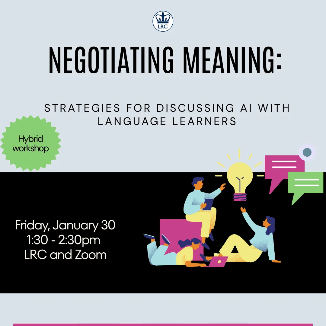 A flyer announcing the workshop "Negotiating Meaning: Strategies for Discussing AI with Language Learners."