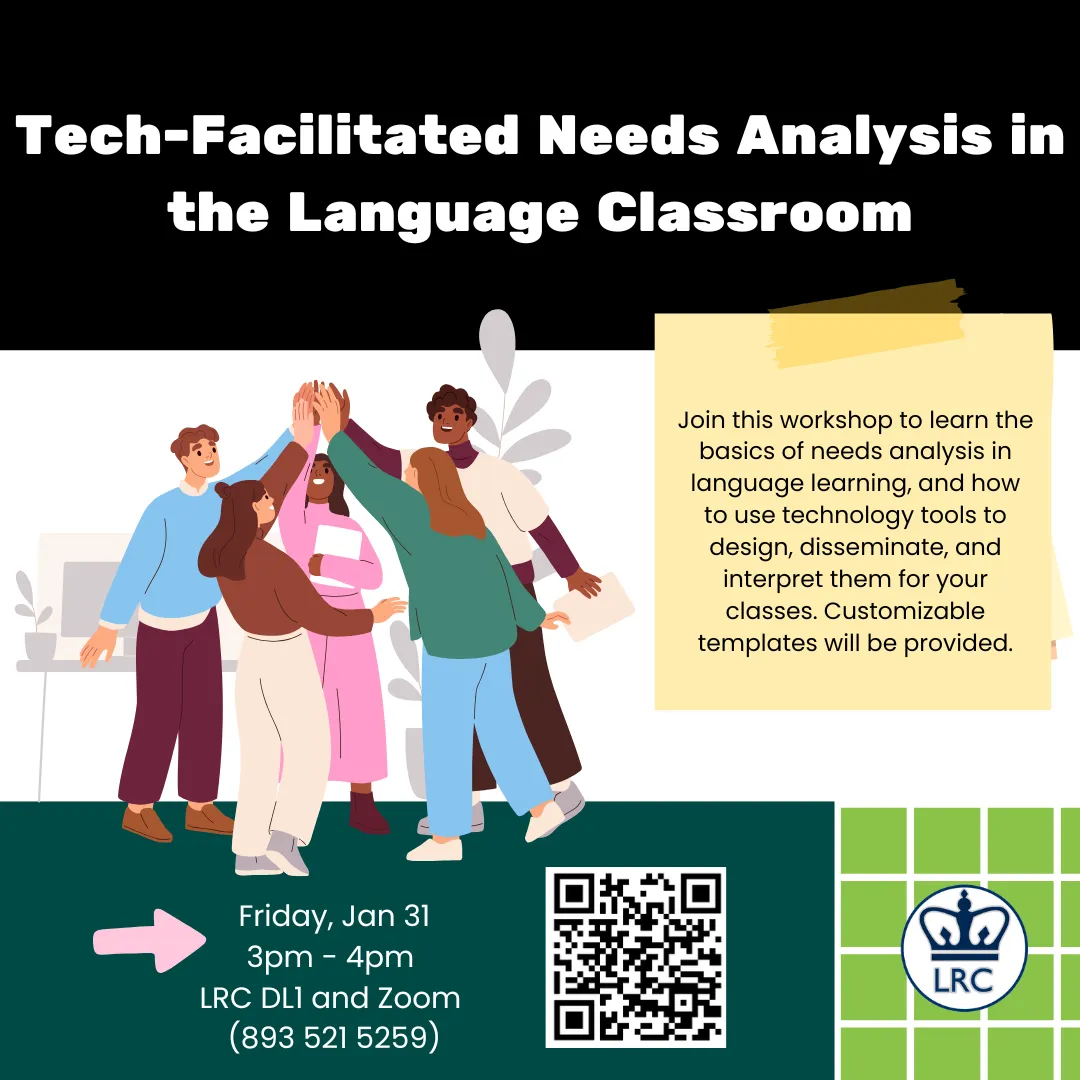 A flyer announcing the workshop "tech facilitated needs analysis."
