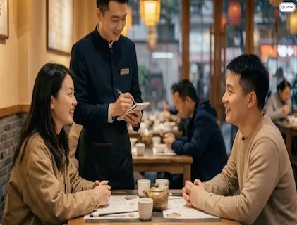 Two people ordering in a Chinese restaurant. A waiter stands between them by the table.