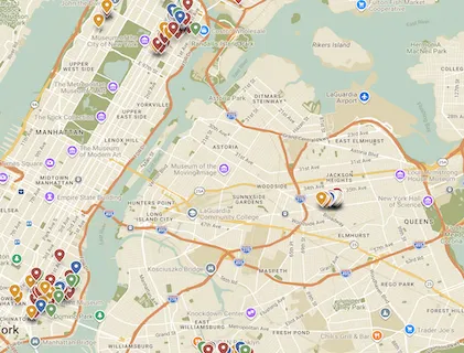 A screenshot of a Padlet map of NYC with several different-colored pins on it.