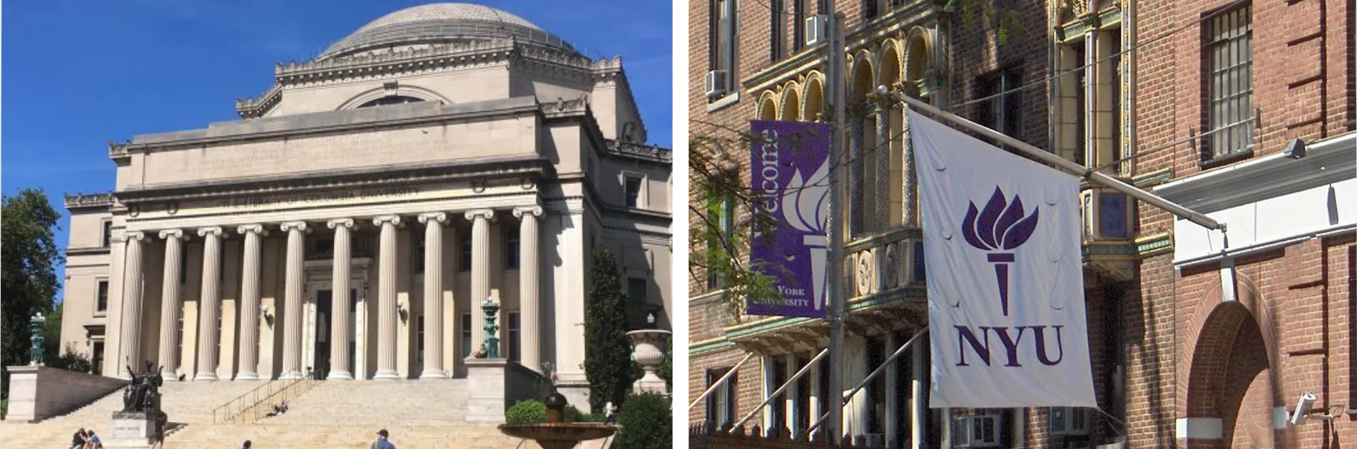 A split image with Columbia's Low Library on the left, and a building facade with NYU banners on the right.