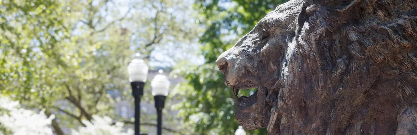 Close up of the Scholar's Lion on Columbia's main campus.