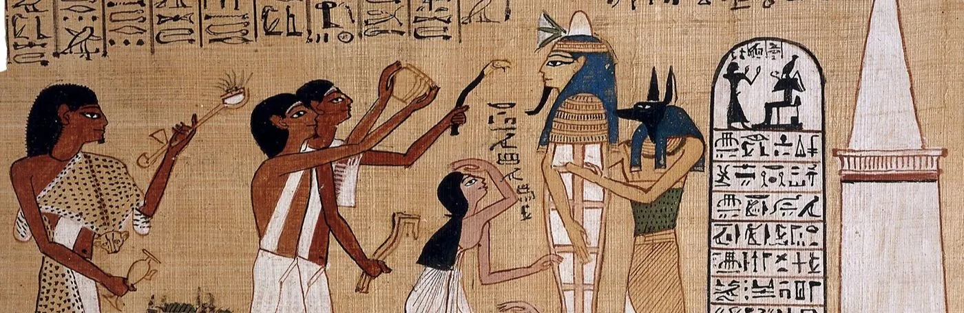A magnified image of illustrated funereal rites written in hieroglyphs on a papyrus scroll.