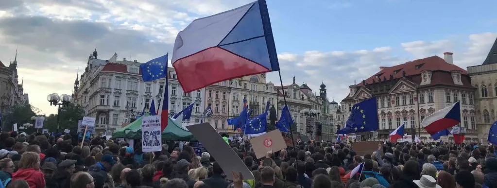 A crowd of protestors gather at the Old Town Square in Prague, Czech Republic for the Demonstration for Independent Justice.