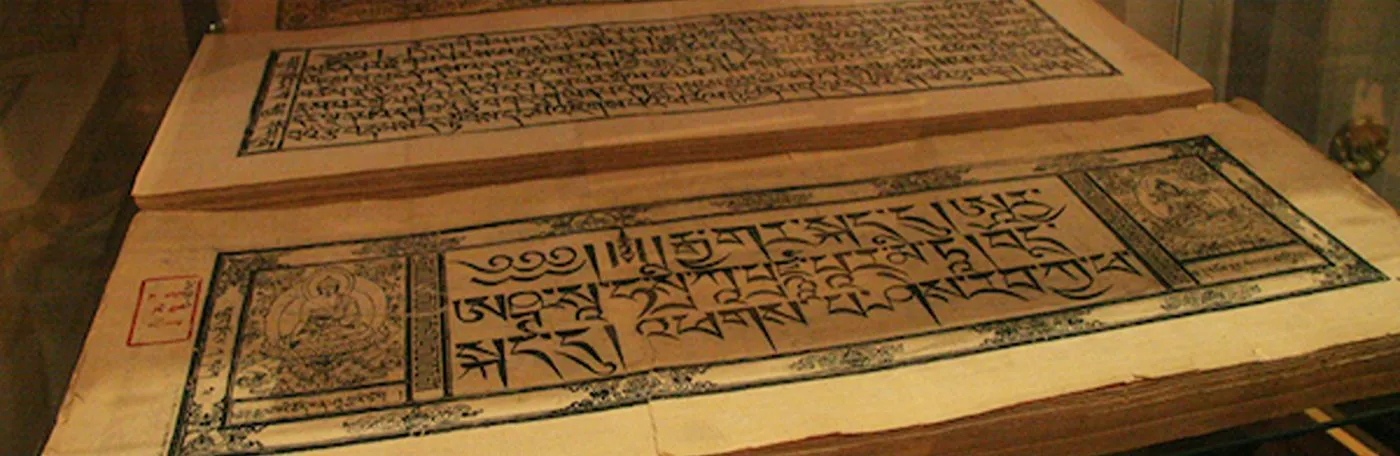 Close-up of open, Classical Tibetan manuscript pages from the Tibetan Book of the Dead featuring block-printed script and illustrations of Buddhist figures.
