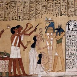 A magnified image of illustrated funereal rites written in hieroglyphs on a papyrus scroll.