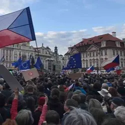 A crowd of protestors gather at the Old Town Square in Prague, Czech Republic for the Demonstration for Independent Justice.