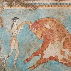 An ancient Minoan fresco depicting the bull-leaping ritual, with acrobatic figures performing stunts over a charging brown-and-white bull against a blue background.