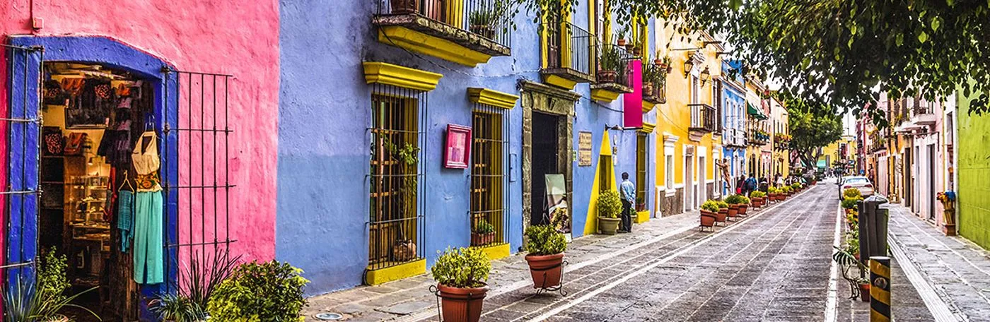 A vibrant cobblestone street lined with brightly colored colonial buildings in pink, purple, and yellow, adorned with potted plants and shaded by trees.